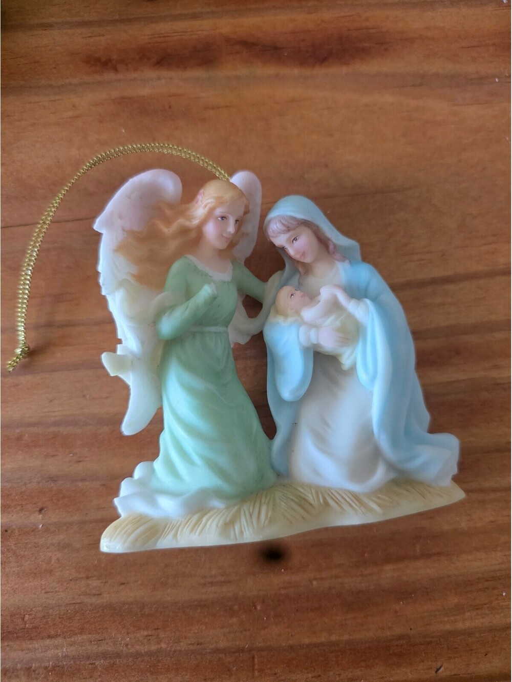 Roman Ornament Featuring Mary, Baby Jesus, and Angel with Gold Hanging